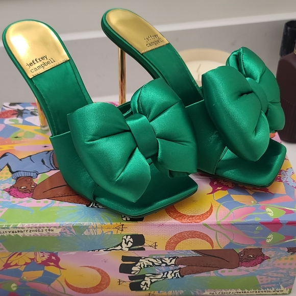 Jeffrey Campbell Shoes - Jeffrey Campbell BOW_DOWN Green satin bow stiletto slides, New in box US 7.5